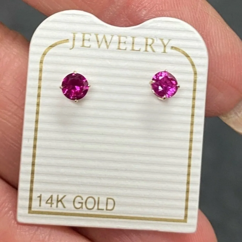 14K YELLOW GOLD pink cz stone Earrings 3mm Stud Earrings with Screw back